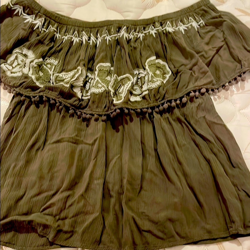 Off-Shoulder Olive Green Top with Floral Embroidery